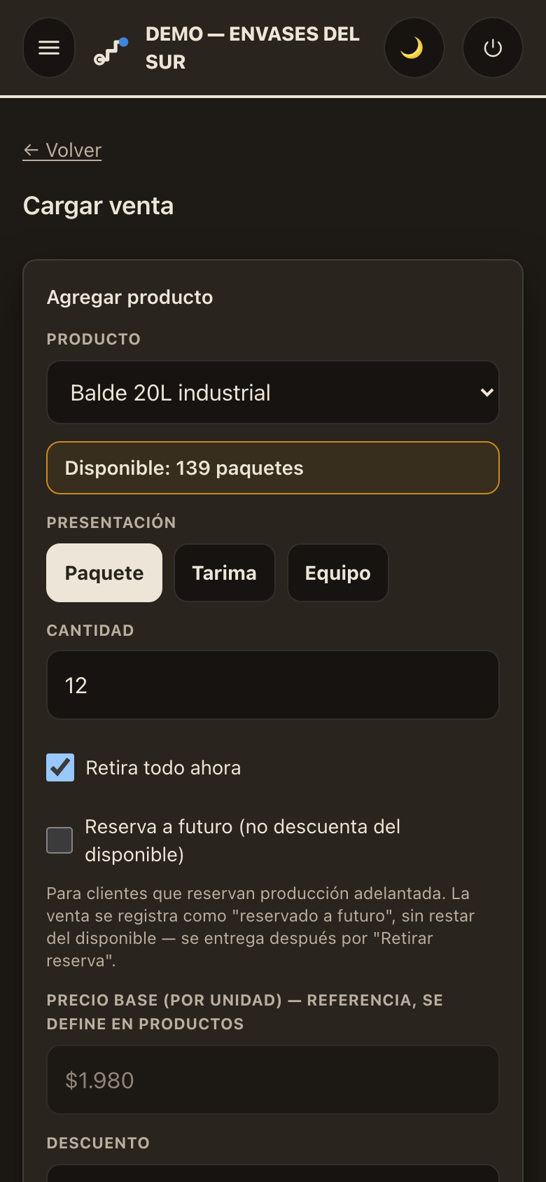 Carga de una venta desde el celular en Trazo App, con producto, presentación y cantidad.